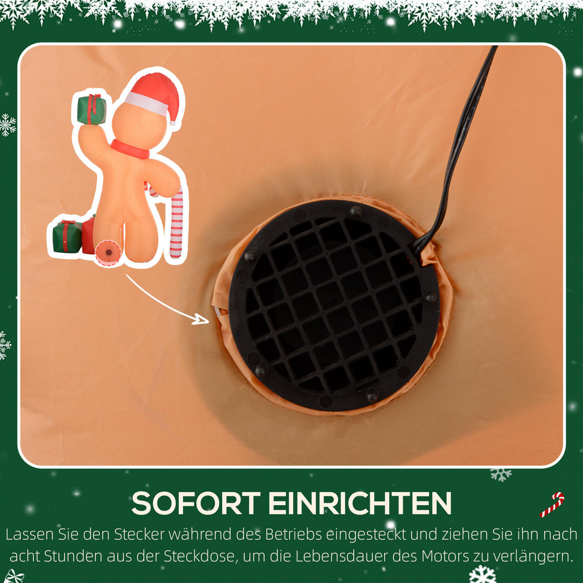 AUFBLASBARE Weihnachtsdeko 2,45 m Lebkuchenmann mit Zuckerstange, 6 LEDs - Orange, Kunststoff (100/245/170cm) - Outsunny