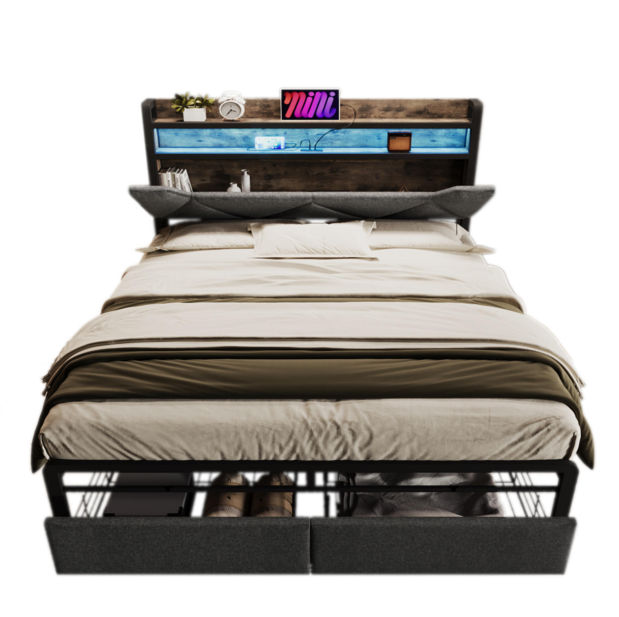 POLSTERBETT 160/200 cm mit LED-Beleuchtung, USB- und Typ-C-Anschluss, Matratze und Stauraum-Kopfteil und 2 Schubladen, Grau - Grau, Textil (160/200cm) - Redom