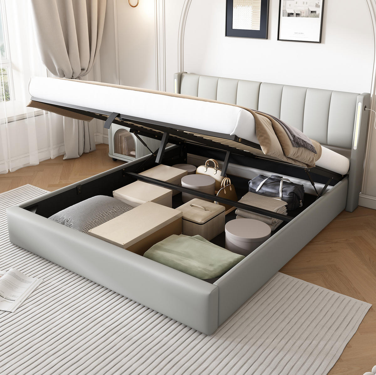 POLSTERBETT 160/200 cm mit LED-Beleuchtung, USB-Anschluss, verstellbarem Kopfteil und Bettkasten, Grau - Grau, Kunststoff (160/200cm) - Redom