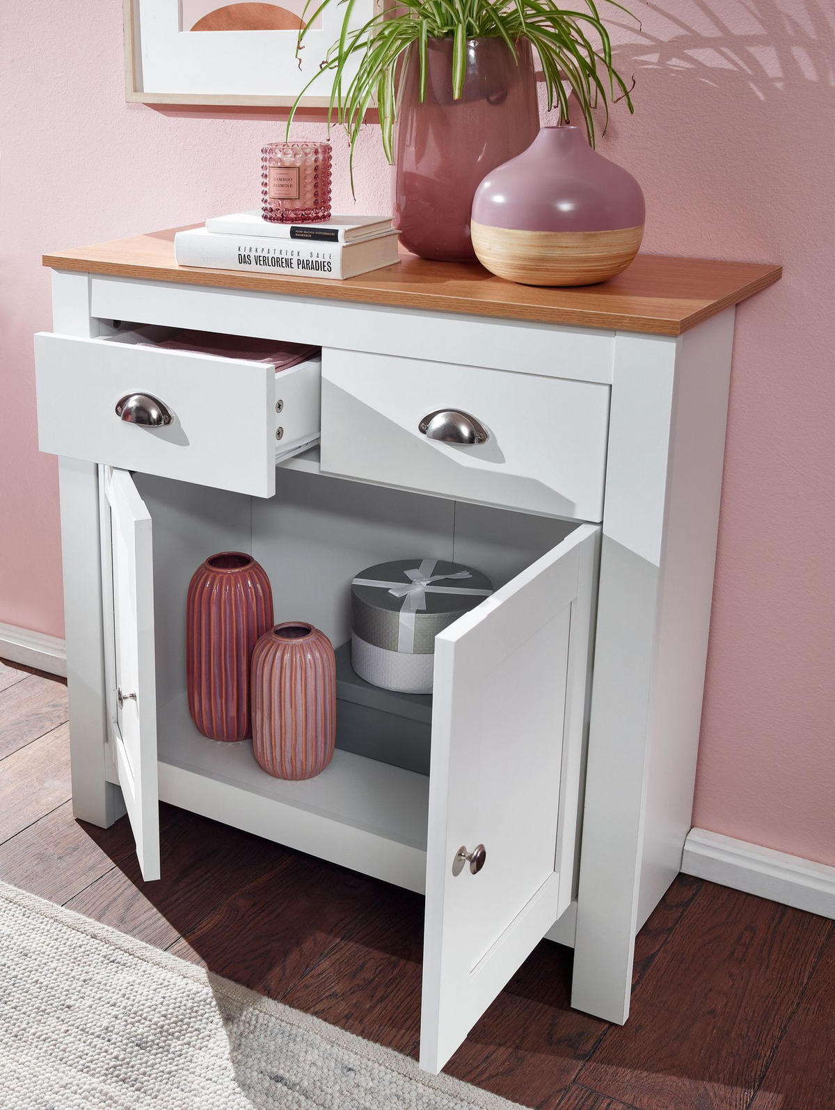 SIDEBOARD – Eiche/Weiß, 2 Schubladen, melaminbeschichtet, modern - Weiß, Holz/Metall (79/81/35cm) - KADIMA DESIGN