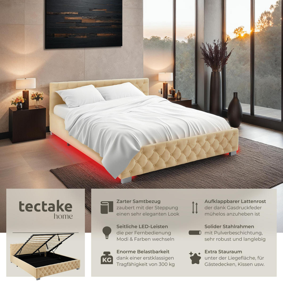 POLSTERBETT Daytona,großer Stauraum,beige - Beige, Holz (180/200cm) - tectake