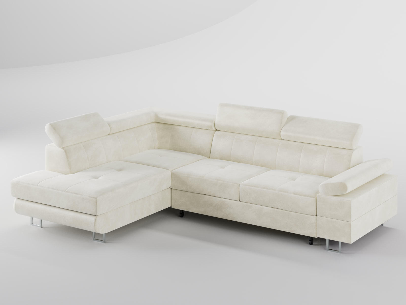 ECKSOFA CAROLINE Links Creme Velours-Stoff mit Schlaffunktion und Bettkasten - Chromfarben/Creme, Textil (253/190cm) - Barchello