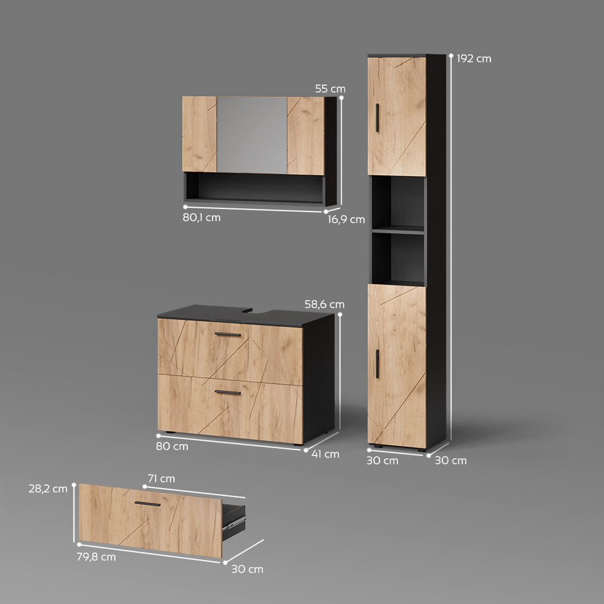 BADMÖBEL-SET Ronco Goldkraft Eiche/Anthrazit 3 Teile, mit Spiegelschrank 80 cm - Honigeiche/Anthrazit, Holzwerkstoff (41/80/58cm) - Livinity®