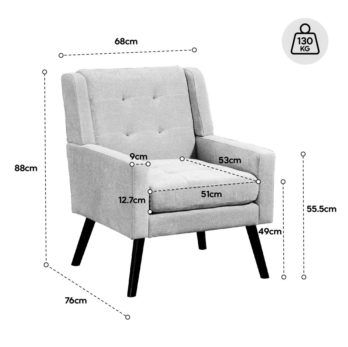 SESSEL Hellgrau mit Tufting und Massivholzbeinen, kompakt und bequem,76/68/88 cm - Hellgrau, Textil (76/88/68cm) - Flora Grace