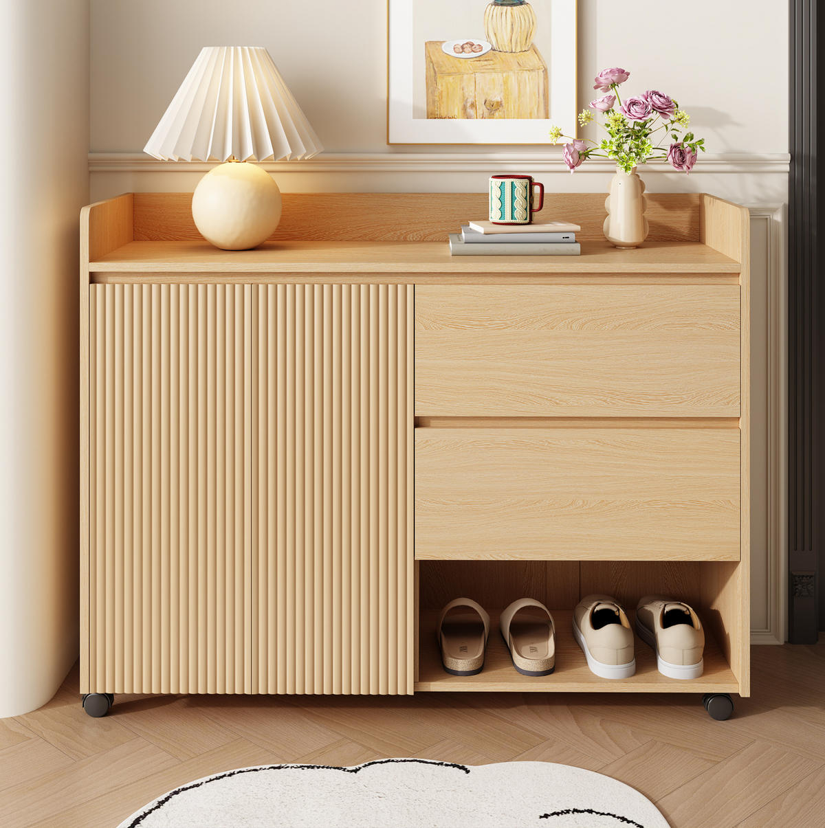 SCHUHSCHRANK 110/35/86 cm in Natur mit Rollen, Schubladen und offenen Fächern - Naturfarben, Holzwerkstoff (110/86/35cm) - Flora Grace