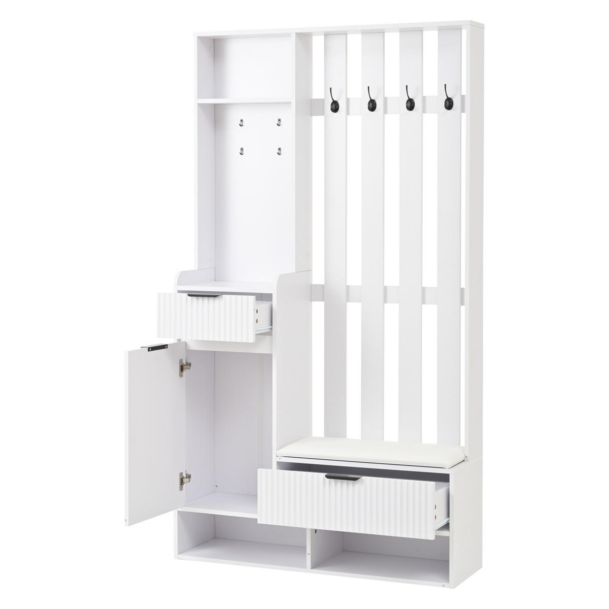 SCHUHSCHRANK aus Spanplatte 100x30x180cm in Weiß mit 8 Haken & Sitzkissen - Weiß, Holzwerkstoff (100/180/30cm) - Modfu