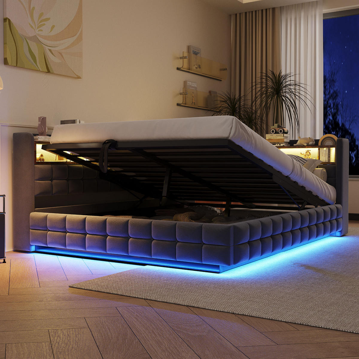 POLSTERBETT 140/200 cm in Grau Samt mit Bettkasten, LED und USB - Dunkelgrau, Holzwerkstoff/Textil (140/200cm) - WISHDOR