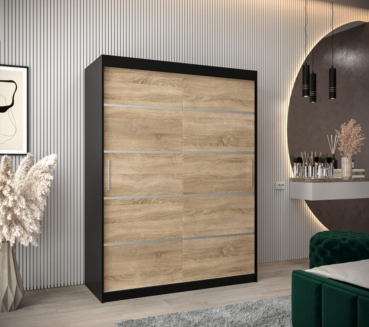 SCHWEBETÜRENSCHRANK 200/150/62 2-türig - Silberfarben/Schwarz, Holz/Kunststoff (150/200/62cm) - Abiks Möbel