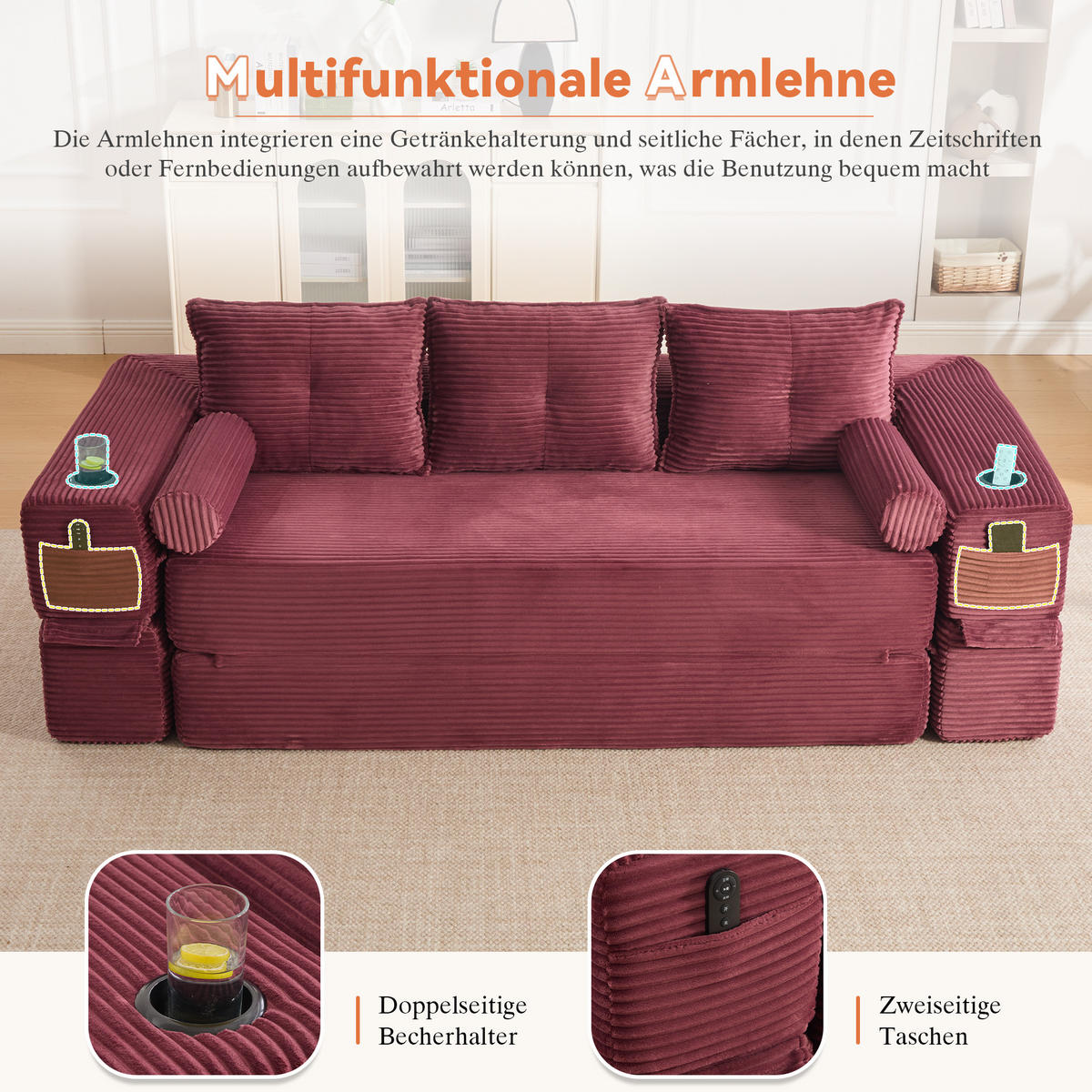 SCHLAFSOFA, 2-in-1 Klappsofa mit Getränkehalter, Modulares Bodensofa Cordstoff, Weinrot - Weinrot, Textil (232/80/98cm) - LVHOM