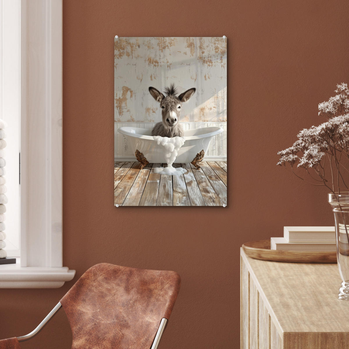 ACRYLGLASBILD Esel - Tiere - Badewanne - Schaumstoff 40x60 cm - Weiß, Glas (40/60cm) - MuchoWow