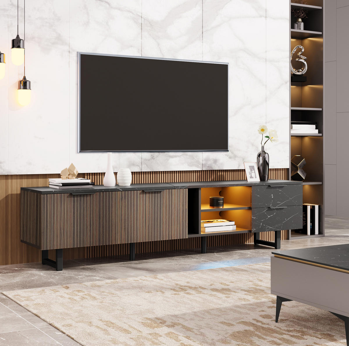 TV-SCHRANK mit schwarzer Marmoroptik, Holzmasertüren und LED 200/38/50 cm - Schwarz, Holzwerkstoff (200/38/50cm) - Redom