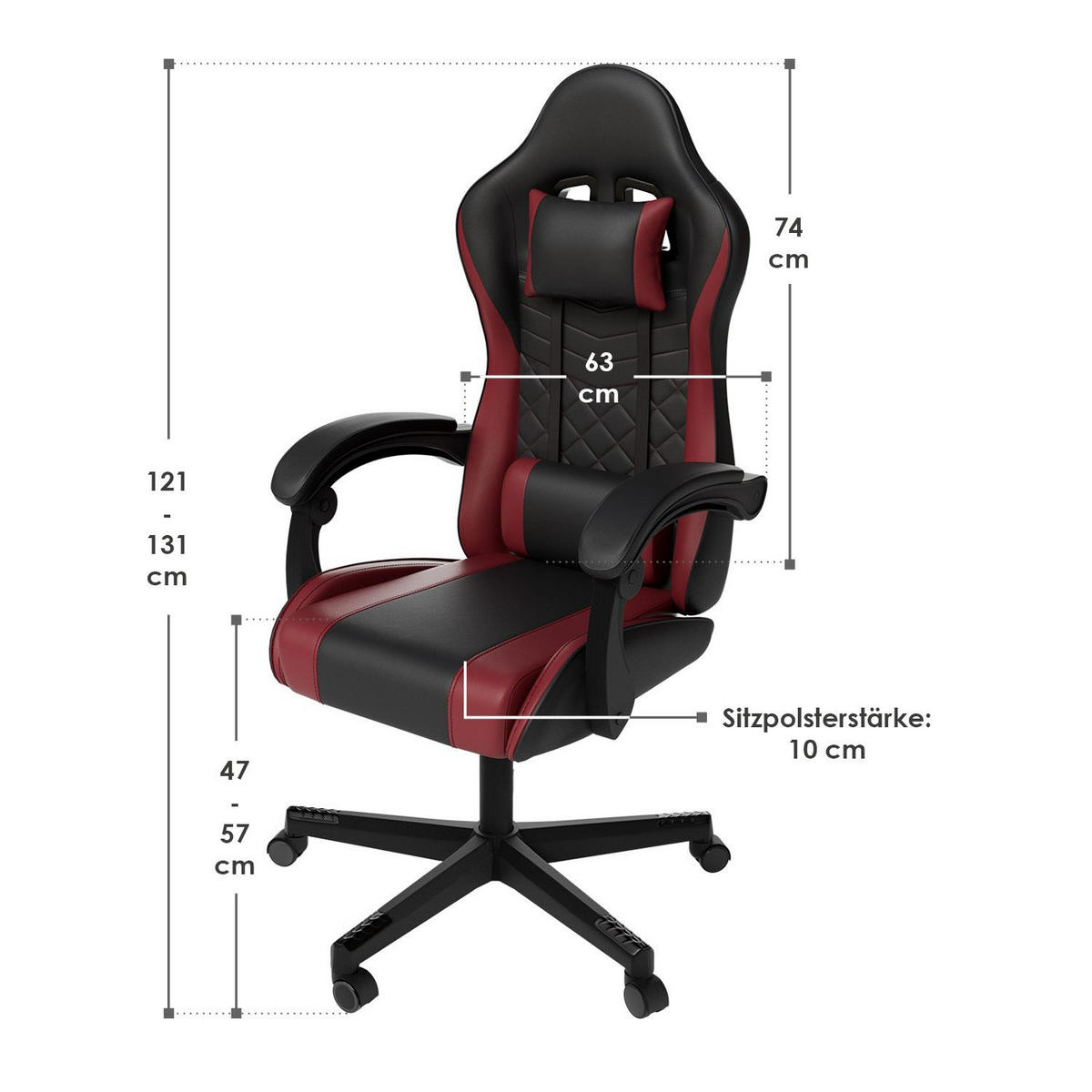 GAMINGSTUHL HyperSeat schwarz/bordeaux - Rot, Kunststoff (63/131/121cm) - Juskys