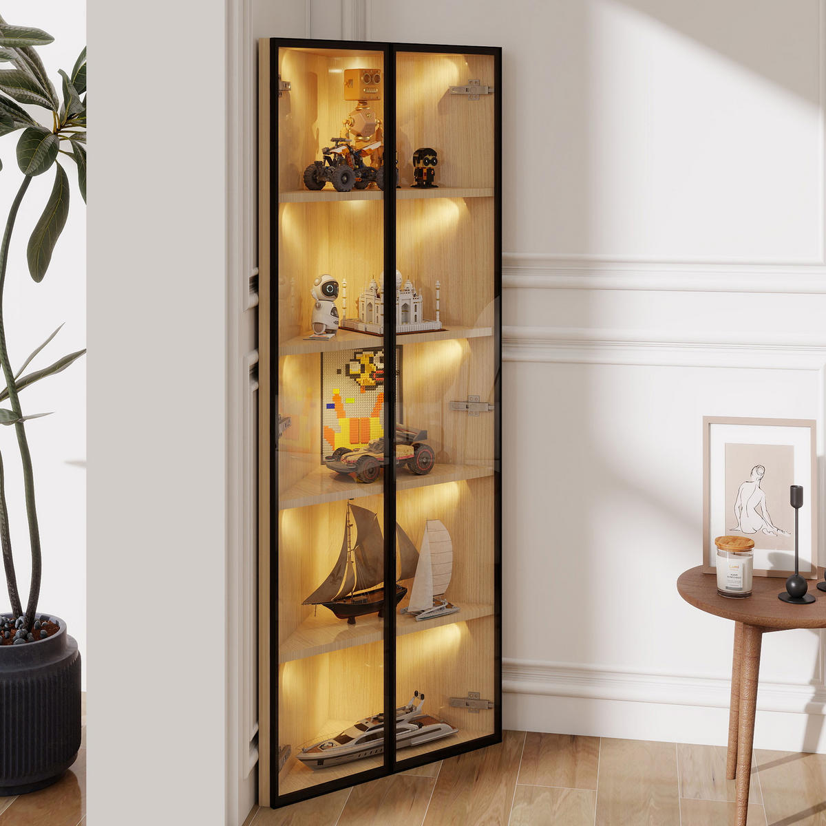VITRINE 62cm Eiche Glas LED Eckvitrine modern - Eichefarben, Holzwerkstoff (62/160/35cm) - FLIEKS
