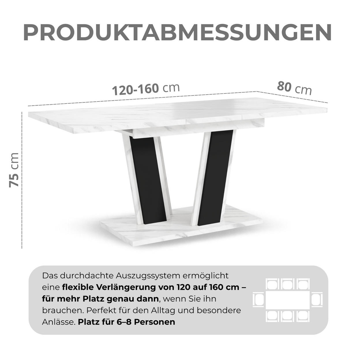 ESSTISCH Ausziehbar von 120 bis 160 cm in Weißer Marmor-Optik - Weiß Hochglanz, Holzwerkstoff (80/160/75cm) - Home Collective
