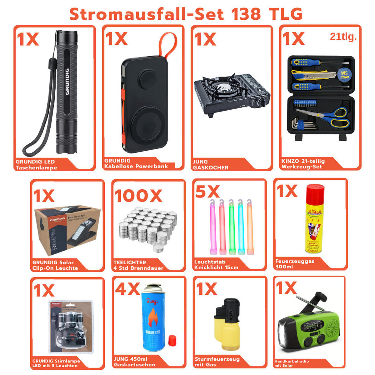 STROMAUSFALL Set Notfallausrüstung 138 Tlg Notfallrucksack Gefüllt Notlicht Notfalllampe Gaskocher Outdoor Camping Kochen Krisenvorsorge Prepper - Multicolor, Kunststoff/Metall (40/40/40cm) - JUNG