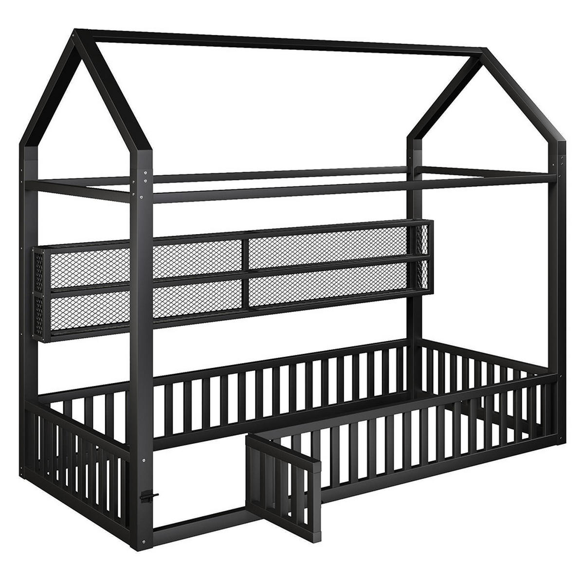 HAUSBETT 90x200 cm mit Zaun und LED-Beleuchtung, Schwarz - Schwarz, Metall (90/200cm) - KOMHTOM