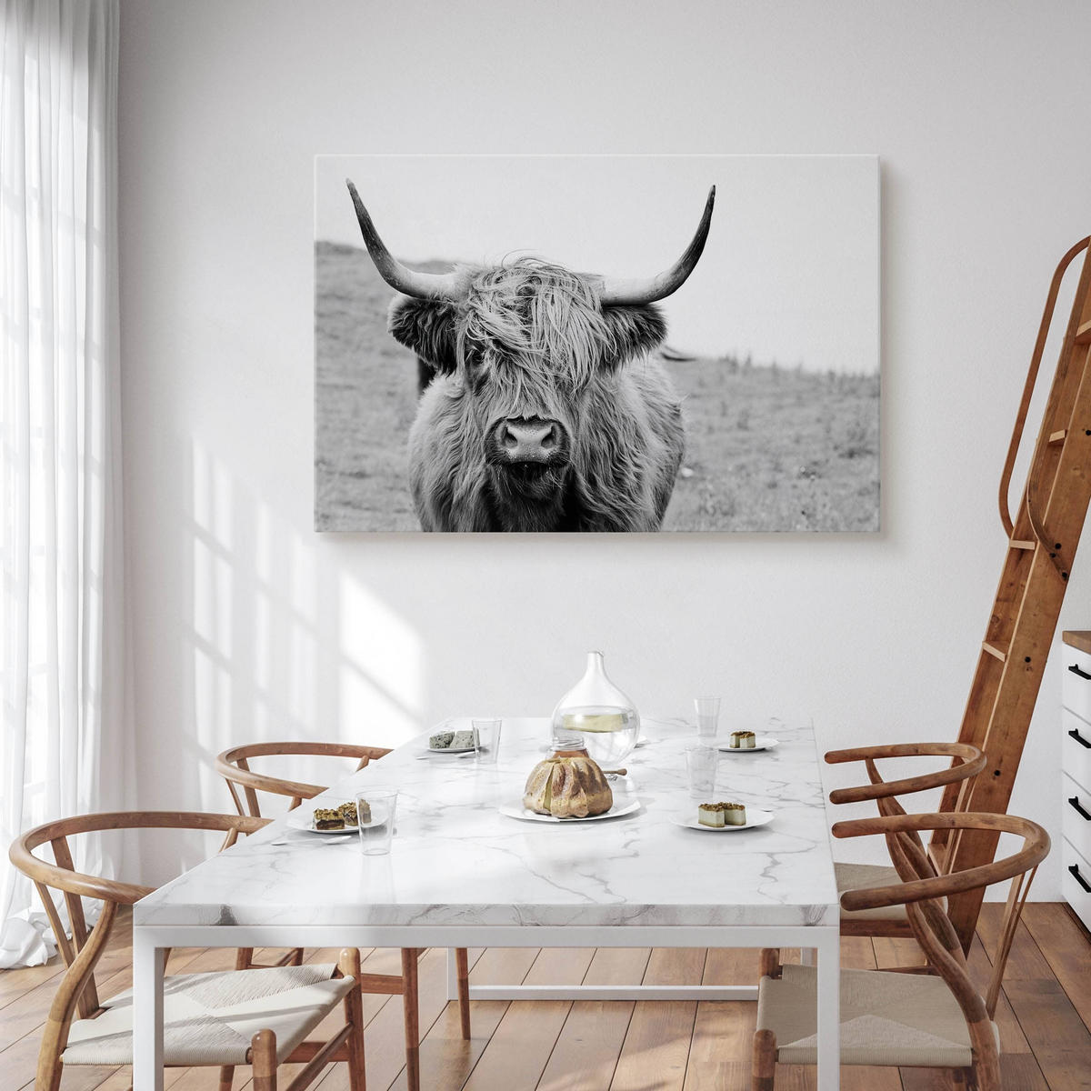 LEINWANDBILD Für Schlafzimmer Schottische Kuh Tier Natur 3D 70/50 cm - Schwarz/Weiß, Textil (70/50cm) - Muralo