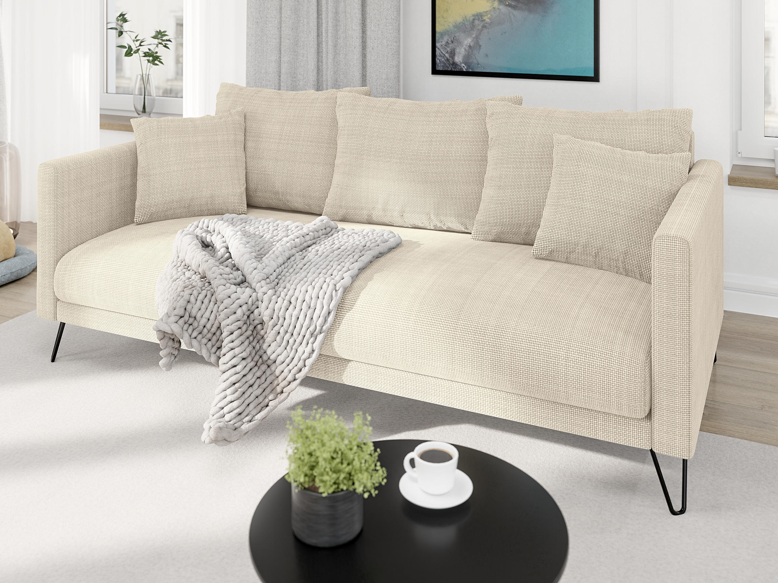 3-SITZER-SOFA Harmony Beige Chenille - Beige/Schwarz, Textil/Metall (200/85/100cm) - S-Style Möbel