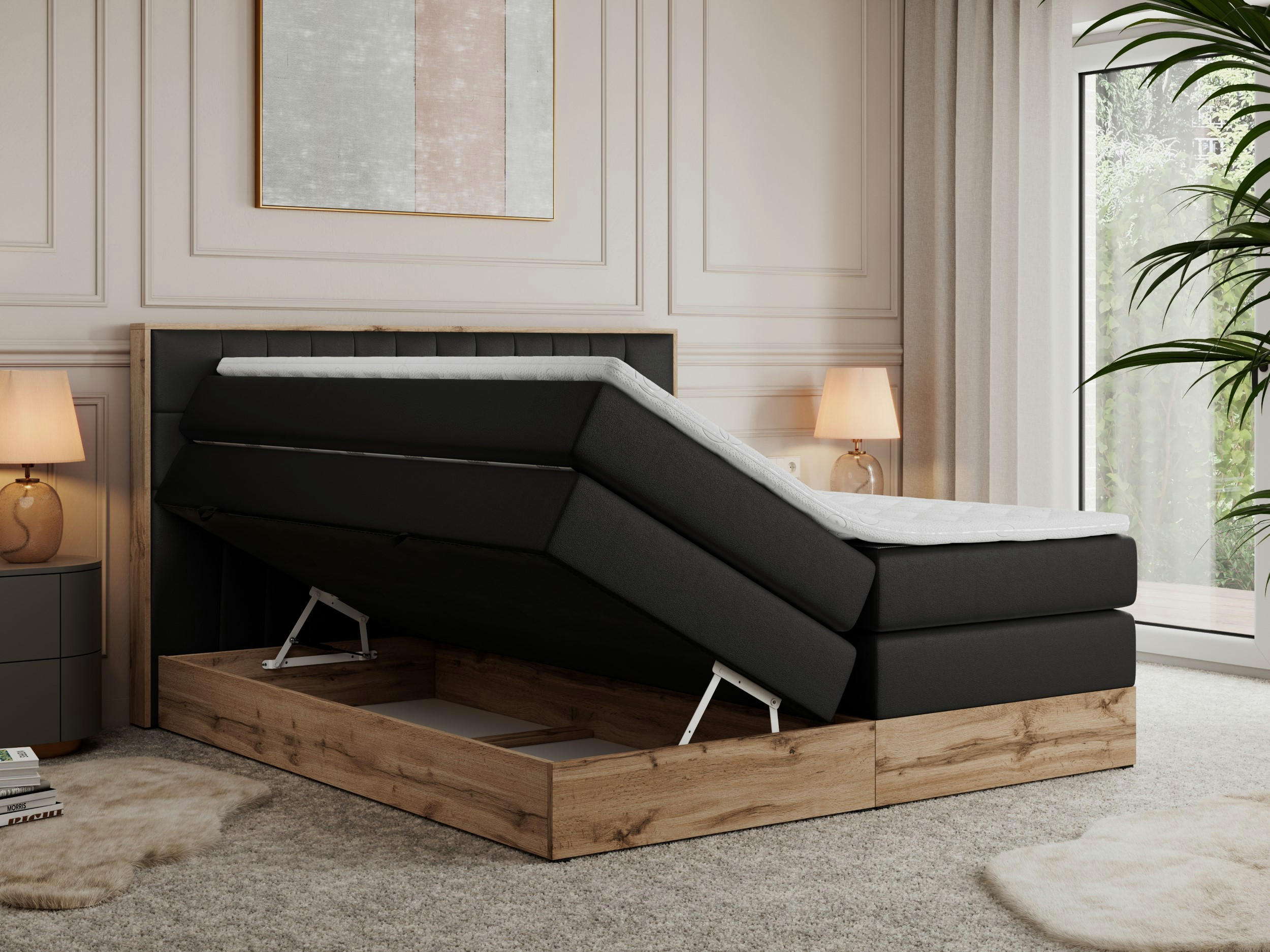 Thumbnail - MKS Boxspringbett, Schwarz, Textil, 2-Sitzer, H4, Rechteckig, 160x200 cm, Schlafzimmer, Betten, Boxspringbetten