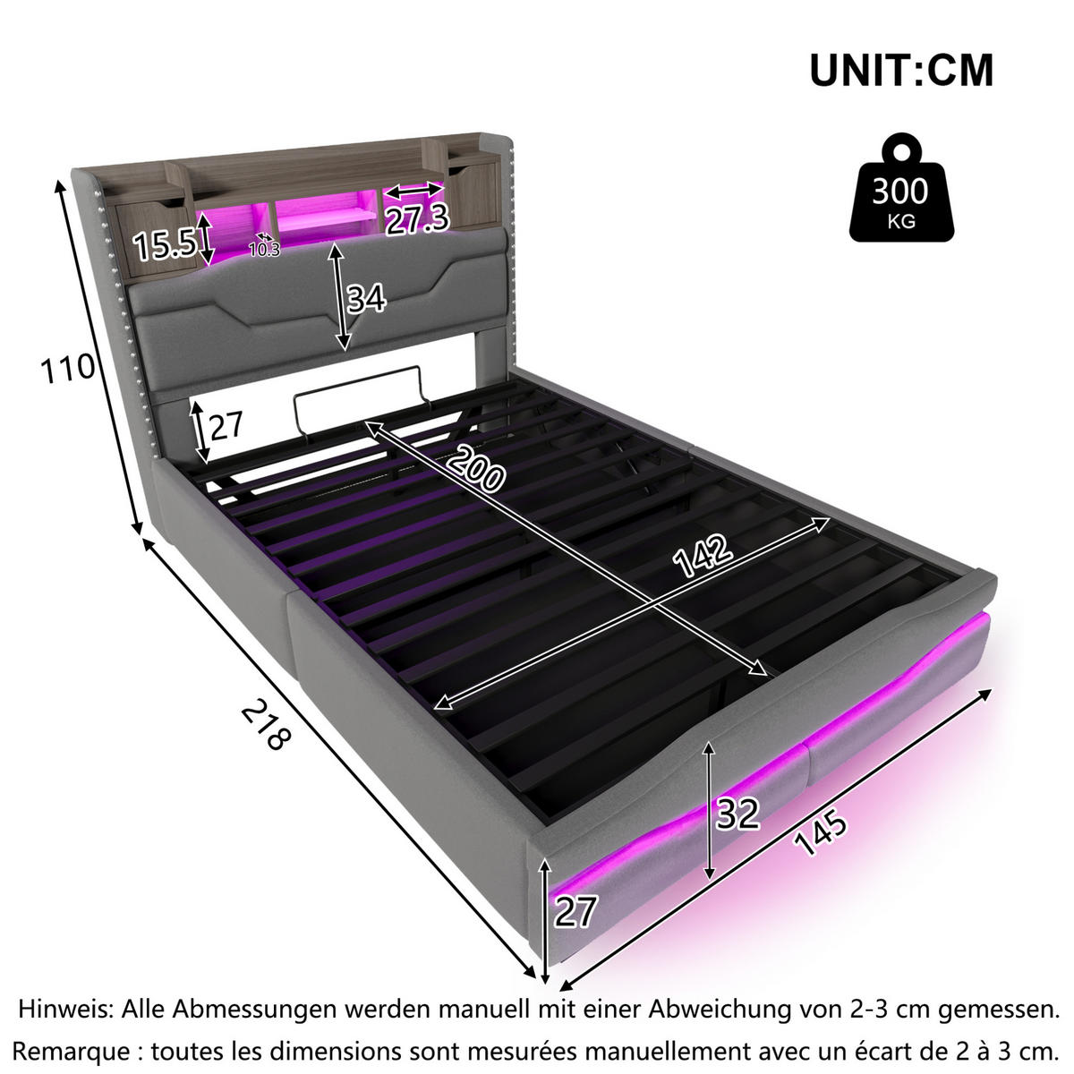 POLSTERBETT 140/200 cm aus Leinen und MDF mit LED-Beleuchtung, Grau - Grau, Textil (140/200cm) - OKMYHOME