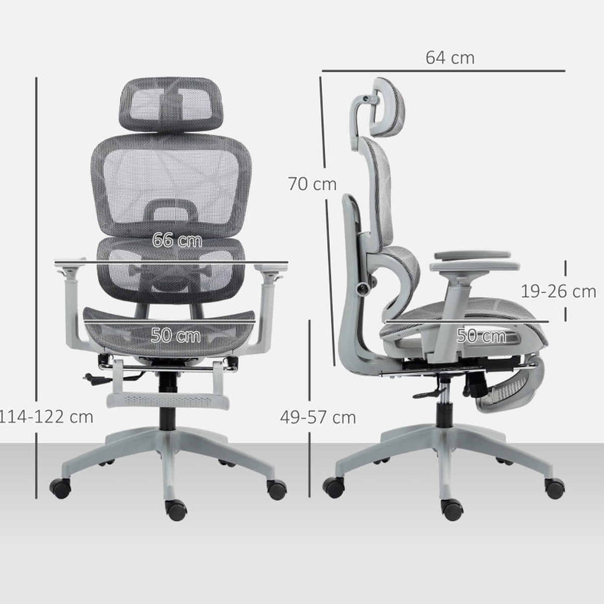 BÜROSTUHL ergonomisch verstellbar 66 x 64 x 114-122 cm Grau - Grau, Kunststoff (64/122/66cm) - Meubliv