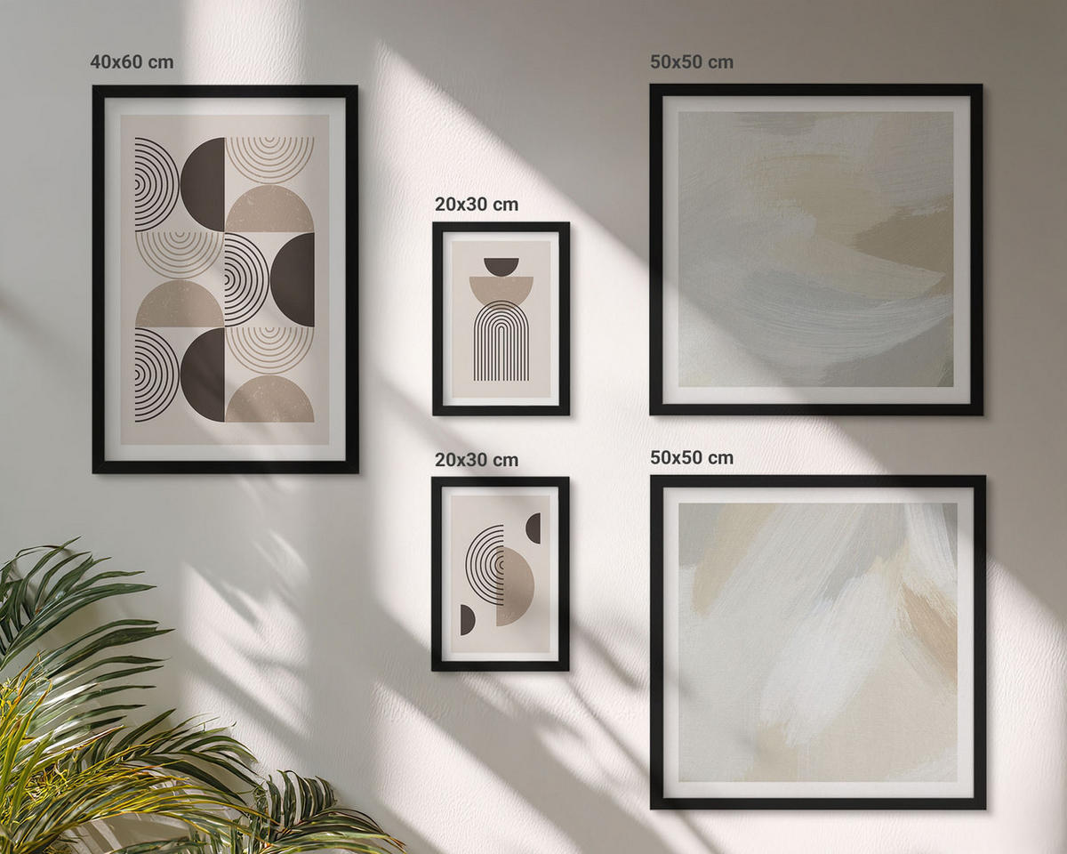 BILDER SET 5er Set - 50x50 cm & 20x30 cm & 40x60 cm Schwarzer Rahmen - Abstrakte geometrische Muster - Schwarz, Kunststoff (40/60cm) - TULUP