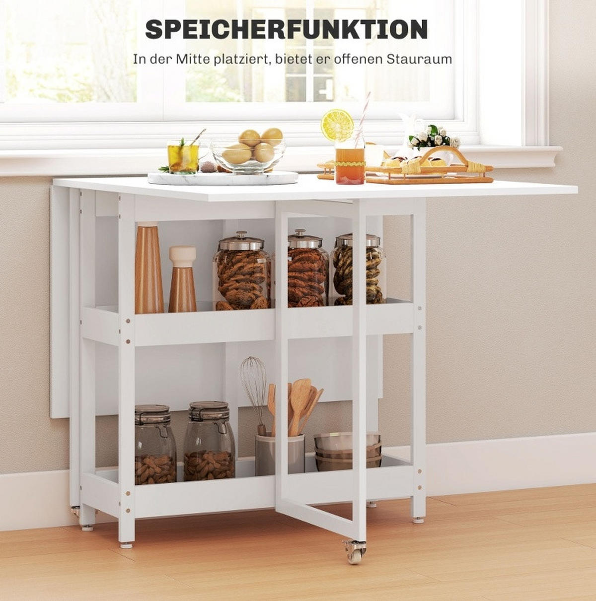 KLAPPTISCH 133,4/80/75 cm in Weiß – platzsparend mit Ablagen und Rollen - Weiß, Holz (133.4/80/75cm) - BEAOK