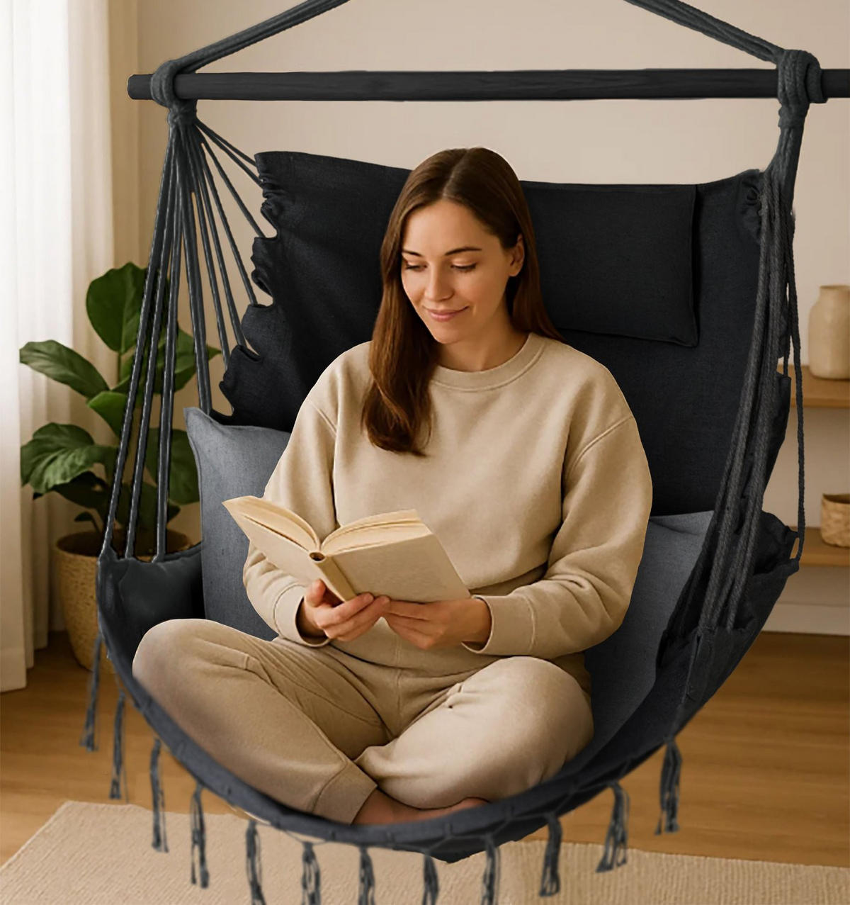 HÄNGESESSEL mit 2 Kissen 75/100/130 cm, bis 140 kg - Schwarz/Weiß, Textil (100/130/75cm) - Outtec