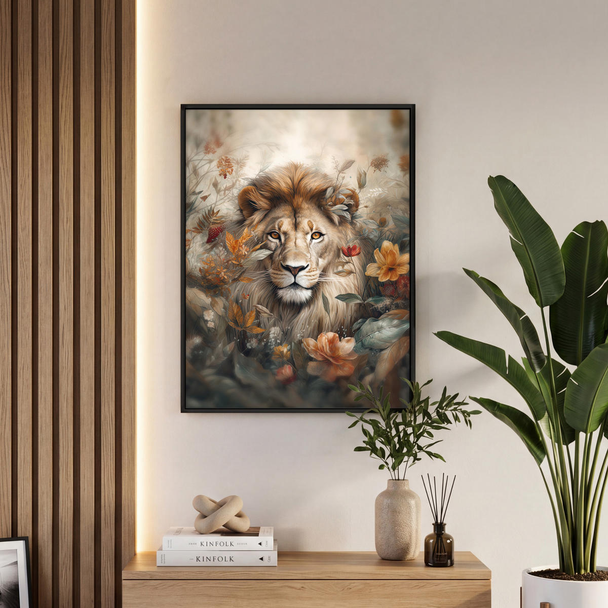 LEINWAND Bilder mit Rahmen - Löwe - Wildtiere - Pflanzen - Natur - Blumen - 50x70 - Beige, Textil (50/70cm) - MuchoWow