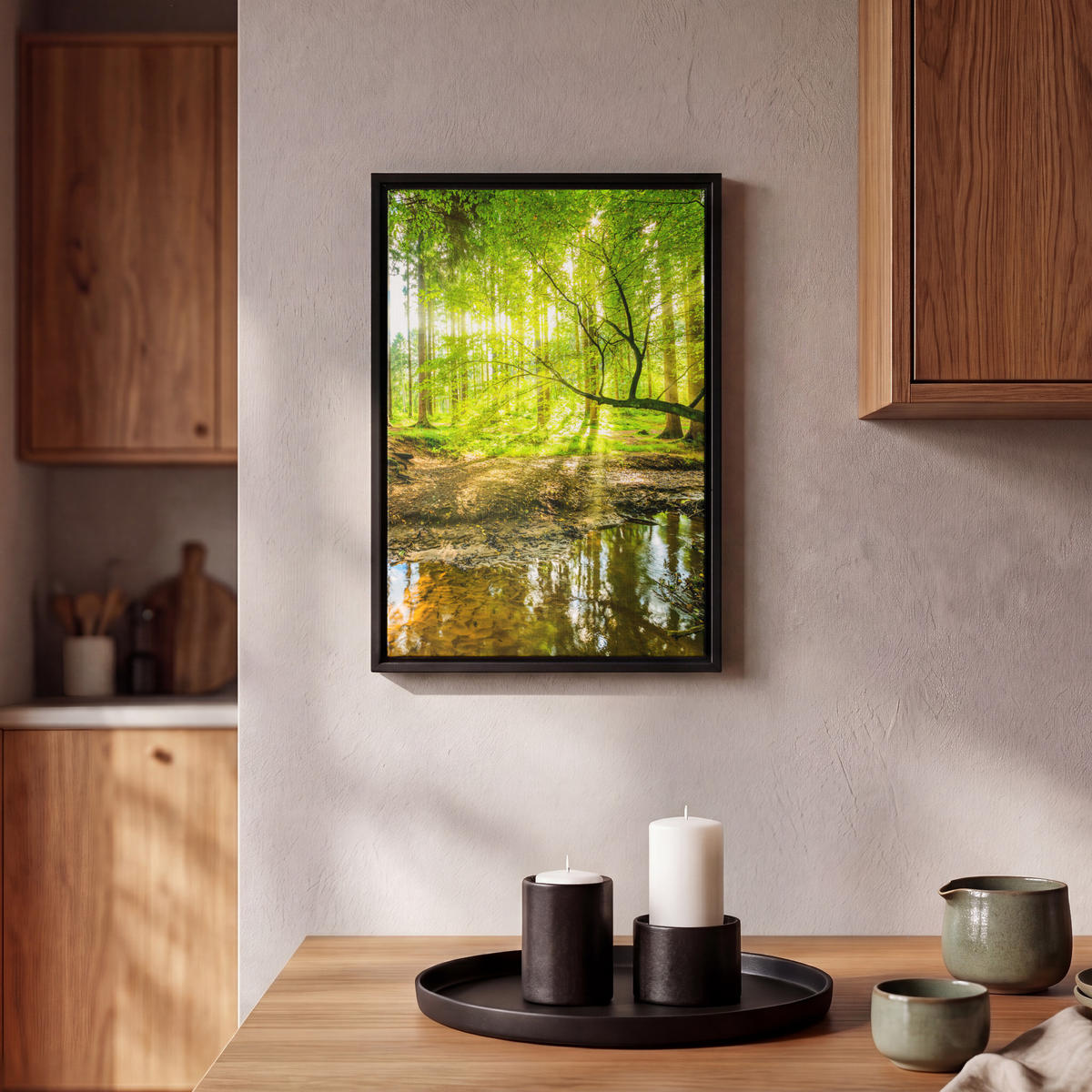 LEINWAND Bilder mit Rahmen - Wald - Landschaft - Wasser - Bäume - Sonne - Grün - Natur - 20x30 - Grün, Textil (20/30cm) - MuchoWow