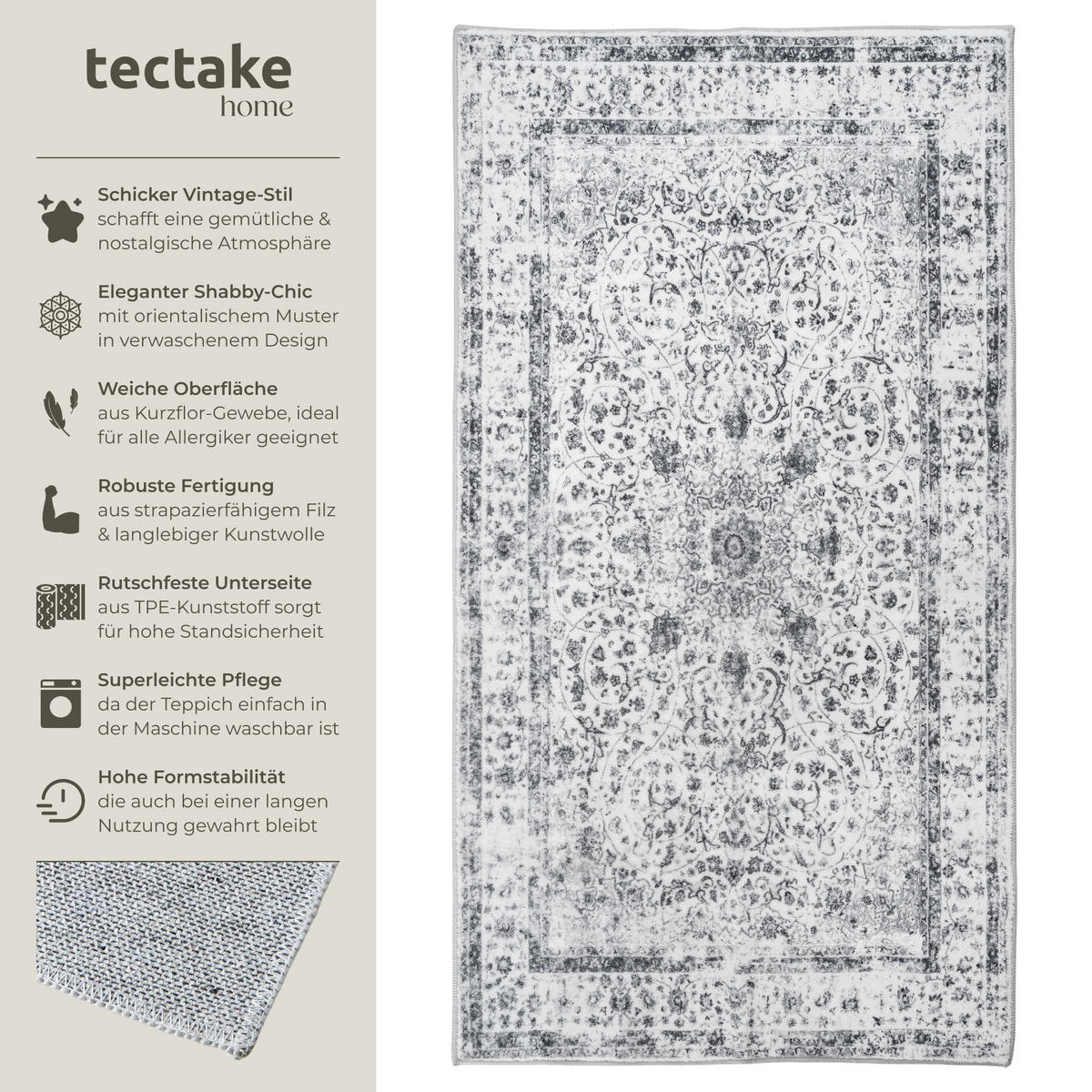 TEPPICH Vintage Design Aliya,rutschfeste Unterseite,grau - Grau, Kunststoff (60/110cm) - tectake