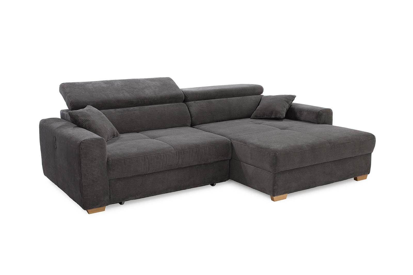ECKSOFA mit elektrischer Sitztiefenverstellung, Kopflehnen verstellbar, USB-A und USB-C Ladefunktion B277/T187/H109 cm, Cord Grau Anthrazit / 15402 - Schieferfarben/Eichefarben, Eichenholz/Textil (277/187cm) - luma-home