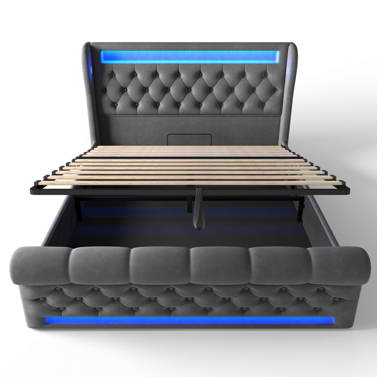POLSTERBETT 140/200 cm mit LED-Beleuchtung, USB- und Type-C-Anschluss, hydraulischem Stauraum und Matratze, Grau - Grau, Textil (140/200cm) - Redom