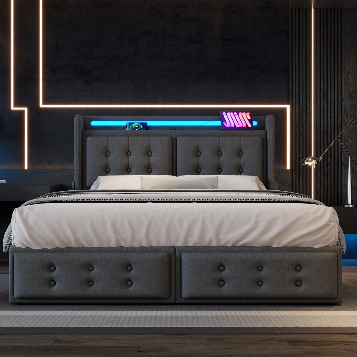 BETT mit Matratze 140x200 cm Grau mit LED, USB-C und 4 Schubladen - Grau, Metall (140/200cm) - Meubliv