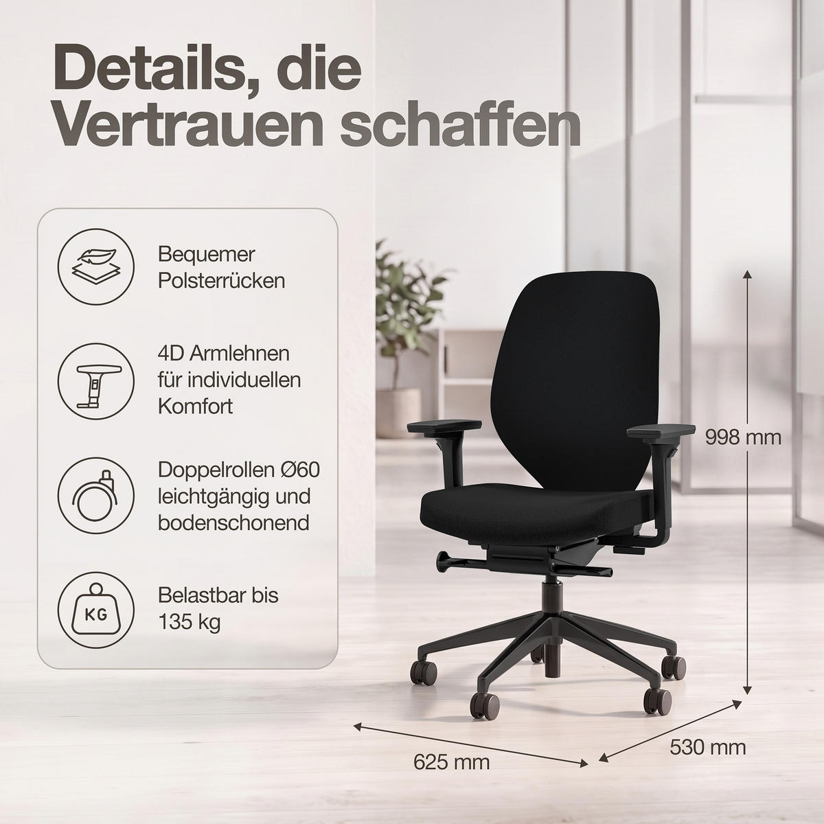 DREHSTUHL Ergonomischer Bürostuhl Atessa mit Polsterrücken in schwarz / Keine Schwarz Ergonomischer Polsterrücken - Schwarz, Textil (62.5/99.8/45cm) - ASSMANN