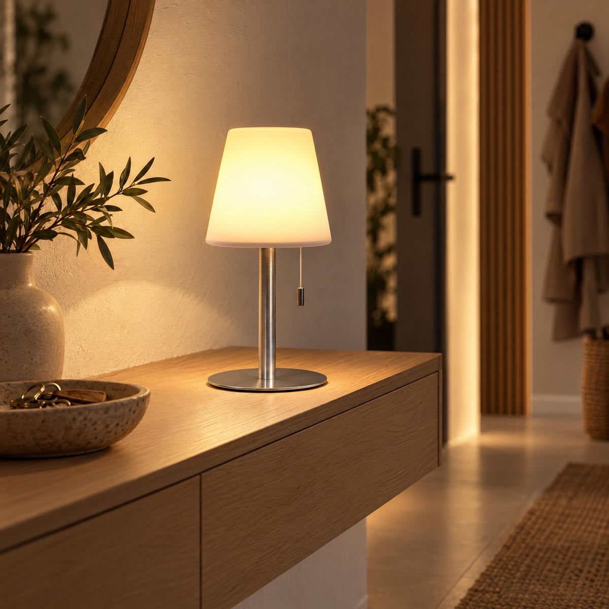 LED-TISCHLEUCHTE mit Akku 4400mAh stufenlos dimmbar Farbwechsel Zugschnur Metall-Standfuß silber H 30cm - Weiß, Metall (17/17/30cm) - Northpoint