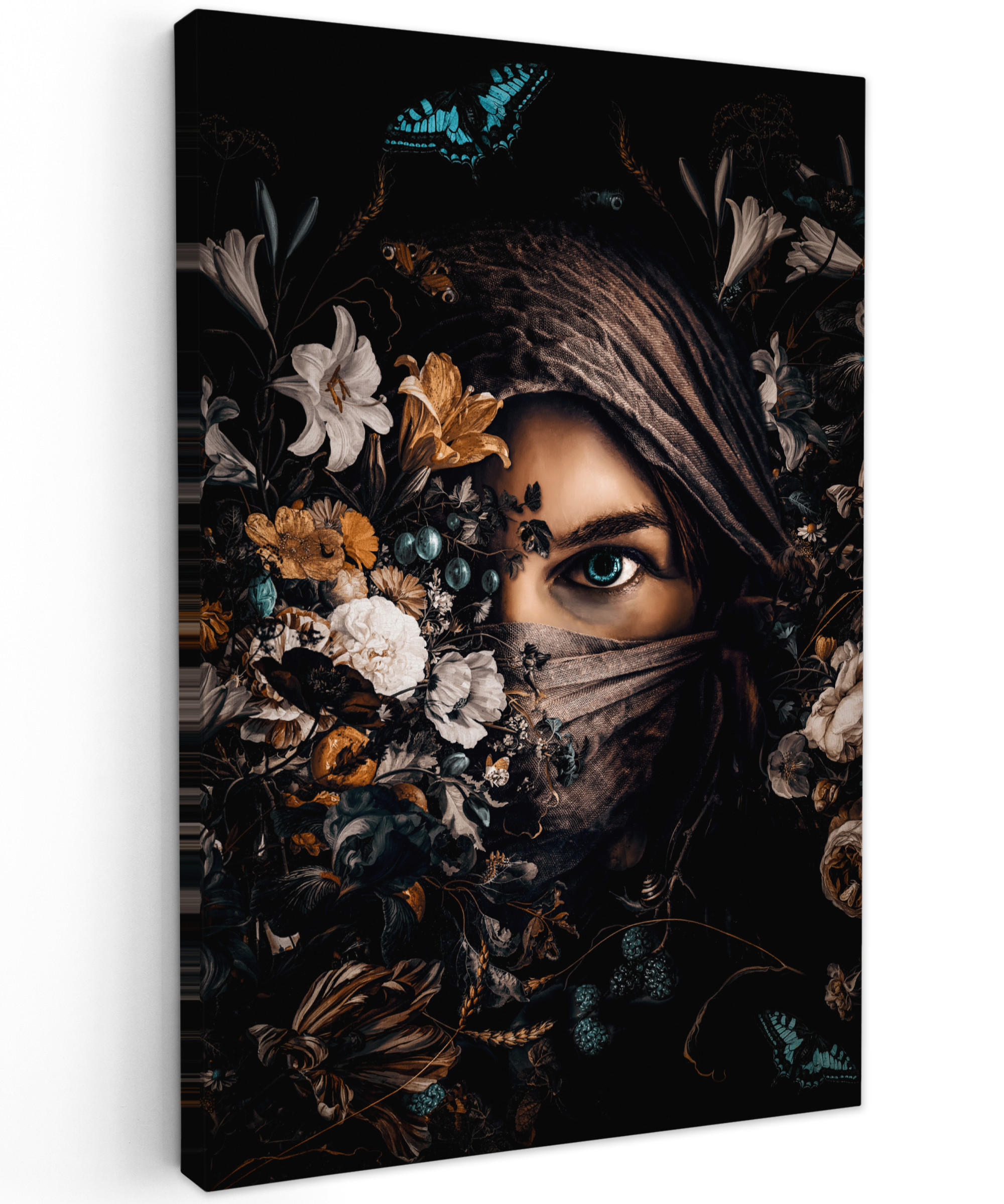 LEINWANDBILD Frau - Luxus - Blumen - Schmetterling - Porträt Deko Groß 90x140 cm - Schwarz, Textil (90/140cm) - MuchoWow