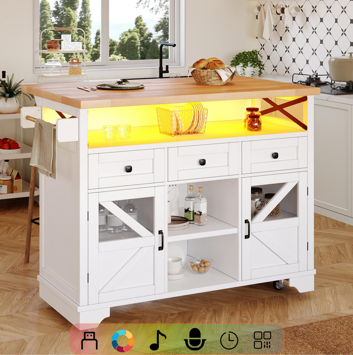 KÜCHENWAGEN 120/71/98 cm in Weiß mit Klapptisch und LED-Beleuchtung - Weiß, Holzwerkstoff (120/98/43cm) - Flora Grace
