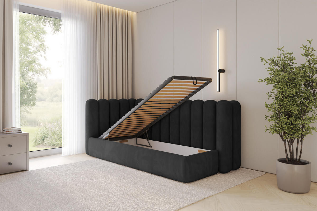 EINZELLBETT Jugendbett mit Bettkasten und Matratze H3/H4, Rechts - HUGY 100x200 Schwarz - Anthrazit, Holzwerkstoff/Textil (100/200cm) - ALTDECOR