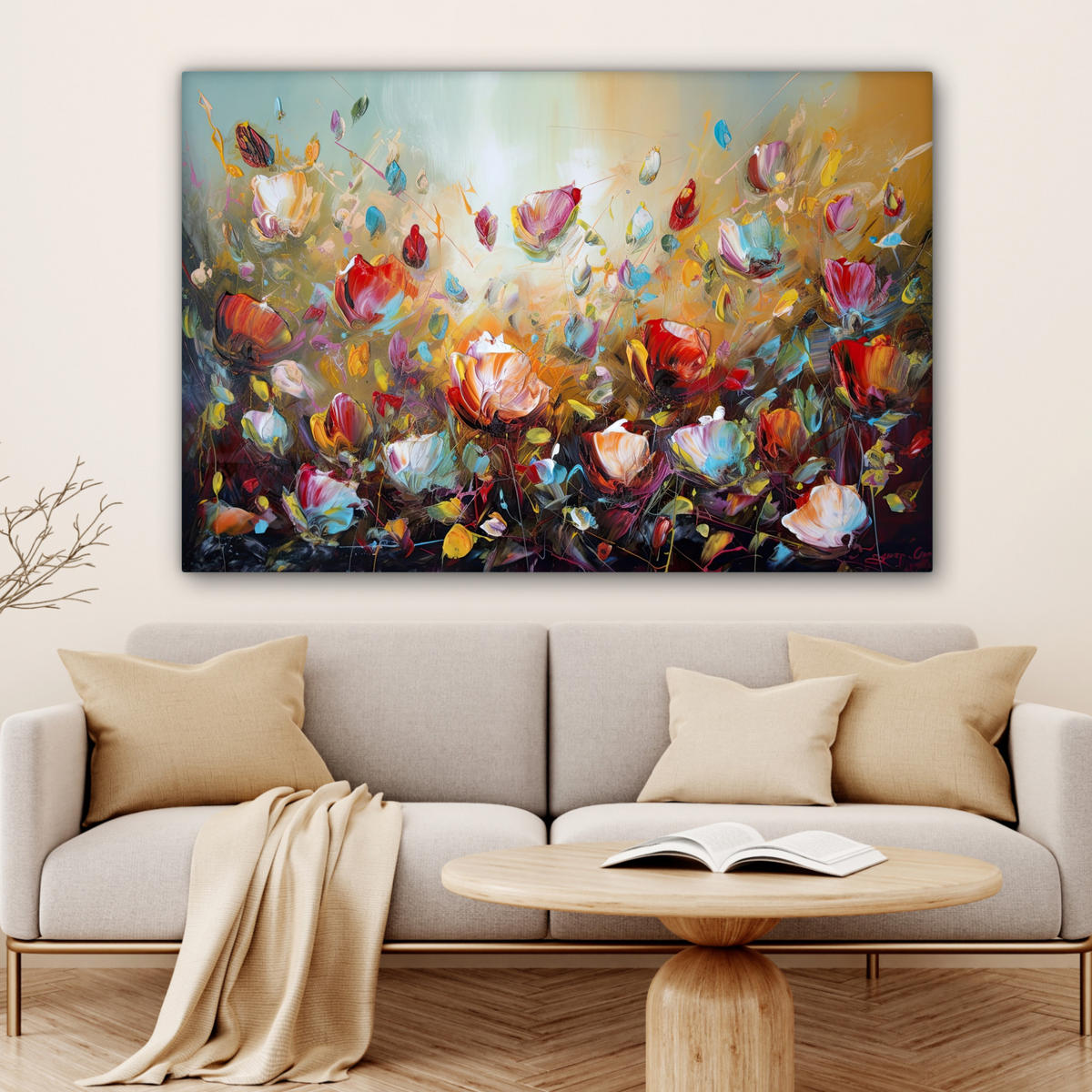 LEINWANDBILD Blumen - Kunst - Natur - Ölgemälde Wohnzimmer Groß 120x80 cm - Multicolor, Textil (120/80cm) - MuchoWow