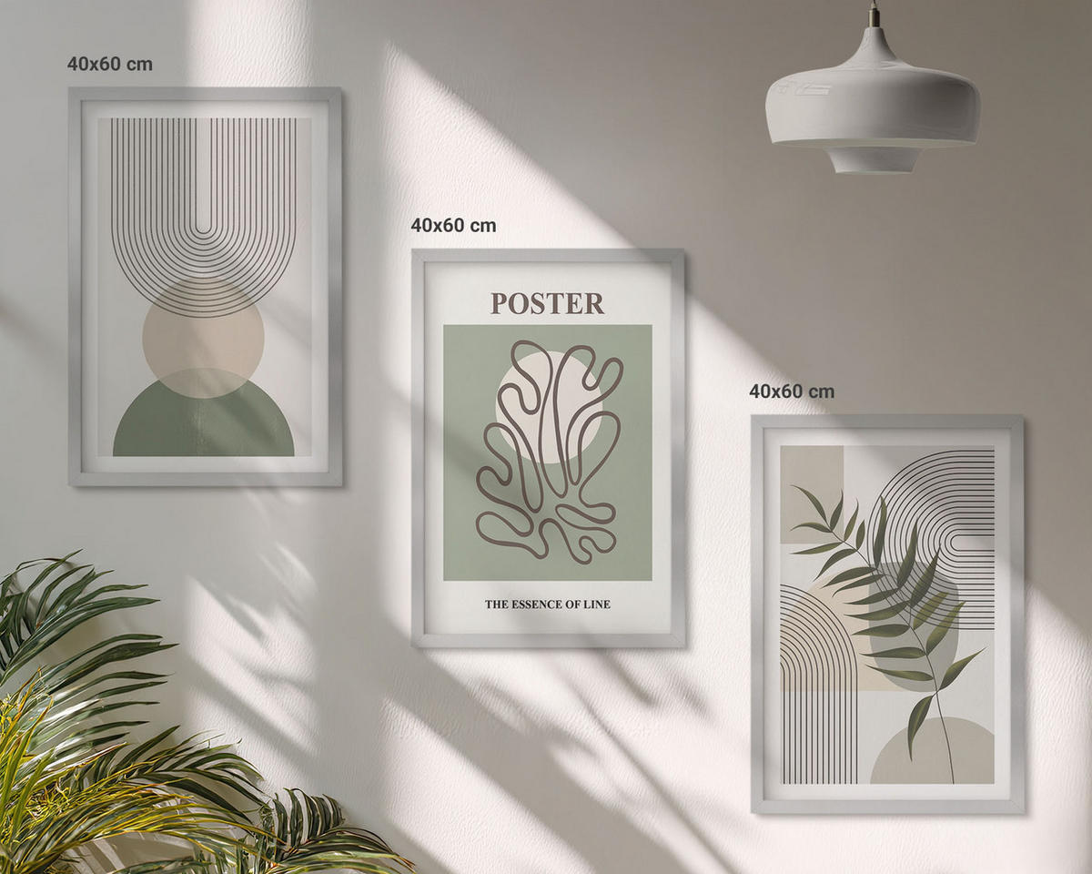 BILDER SET 3er Set - 40x60 cm Silberner Rahmen - Geometrische botanische Muster - Silberfarben, Kunststoff (40/60cm) - TULUP