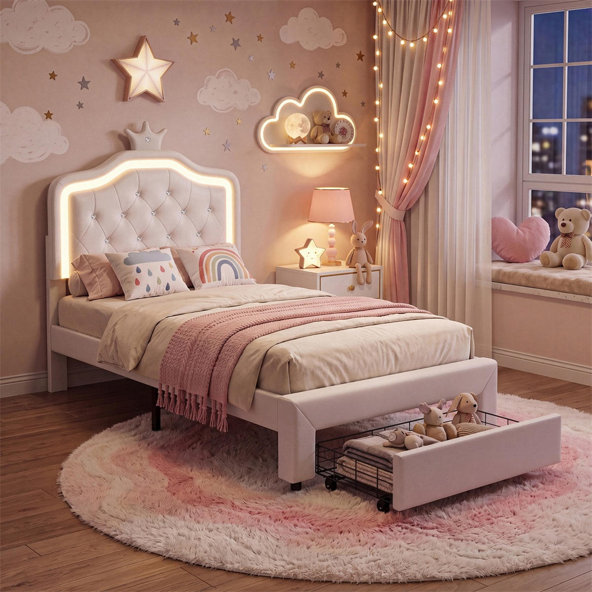 KINDERBETT 90 x 200 cm - höhenverstellbares Kopfteil mit LED-Beleuchtung und 1 Schublade - ohne Matratze - Weiß - Weiß, Textil (90/200cm) - DELFA