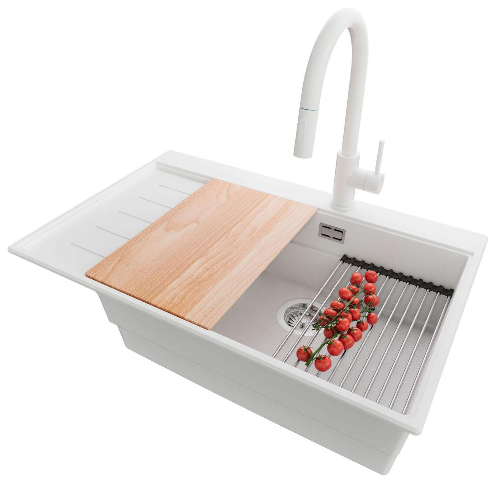 GRANITSPÜLE Sydney, 2-er set Weiß 78/50 cm 1 Becken + Küchenarmatur 40/20 cm + Ablauf-Set + Küchenzubehörset ab 60er Unterschrank - Chromfarben/Beige, Kunststoff (78/20/50cm) - Primagran