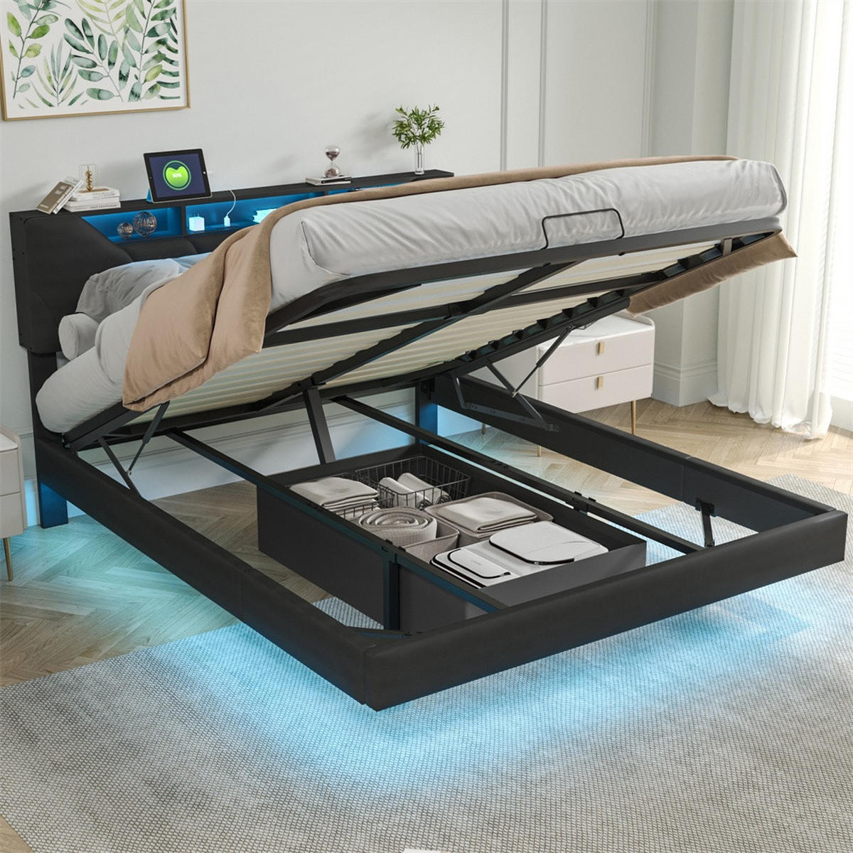 POLSTERBETT 160x200 cm mit LED-Beleuchtung und USB-Ladefunktion - aufklappbarem Kopfteil &hydraulischem Bettkasten - Schwarz, Textil (160/200cm) - DELFA
