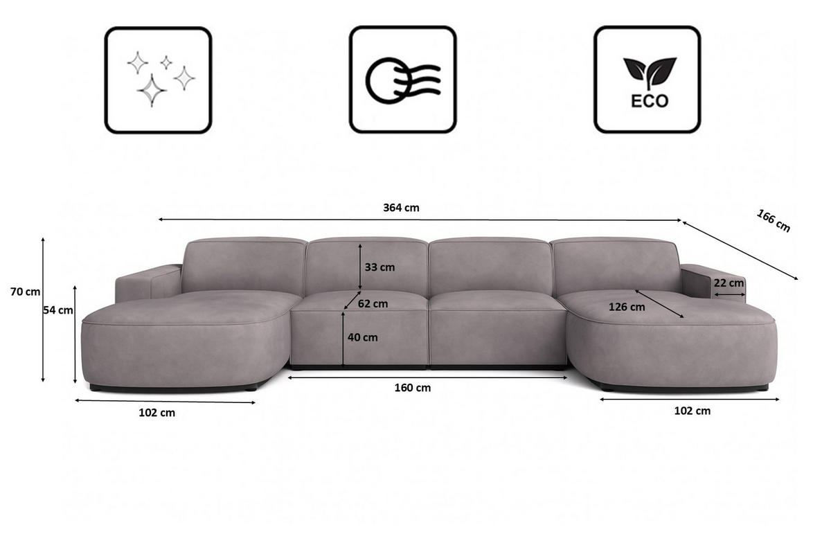 ECKSOFA Cursal Round U-Form, Stoff Salvador, Grau - Grau, Holz (364/166cm) - Kaiser Möbel