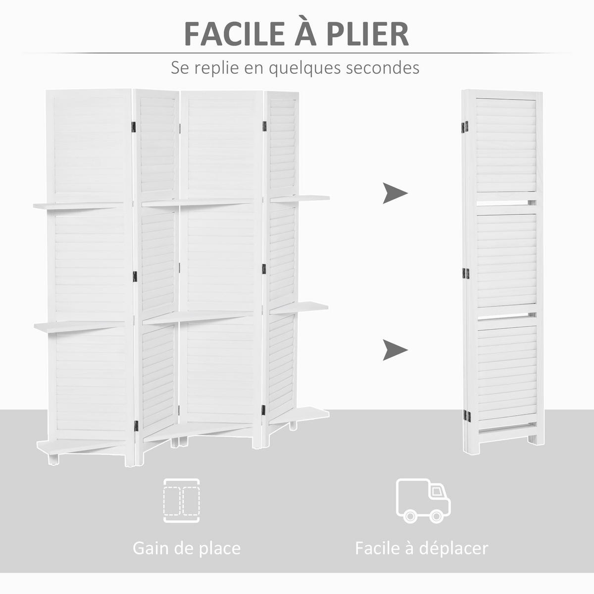 PARAVENT DE-14239 4 Paneele, klappbar, mit 3 Regalen Weiß - Weiß, Holz (160/170/1.9cm) - ComfortXL
