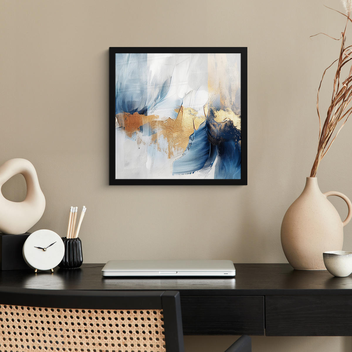 POSTER MIT RAHMEN Gold - Blau - Aquarell - Kunst - Modern 40x40 cm - Hellblau, Papier (40/40cm) - MuchoWow