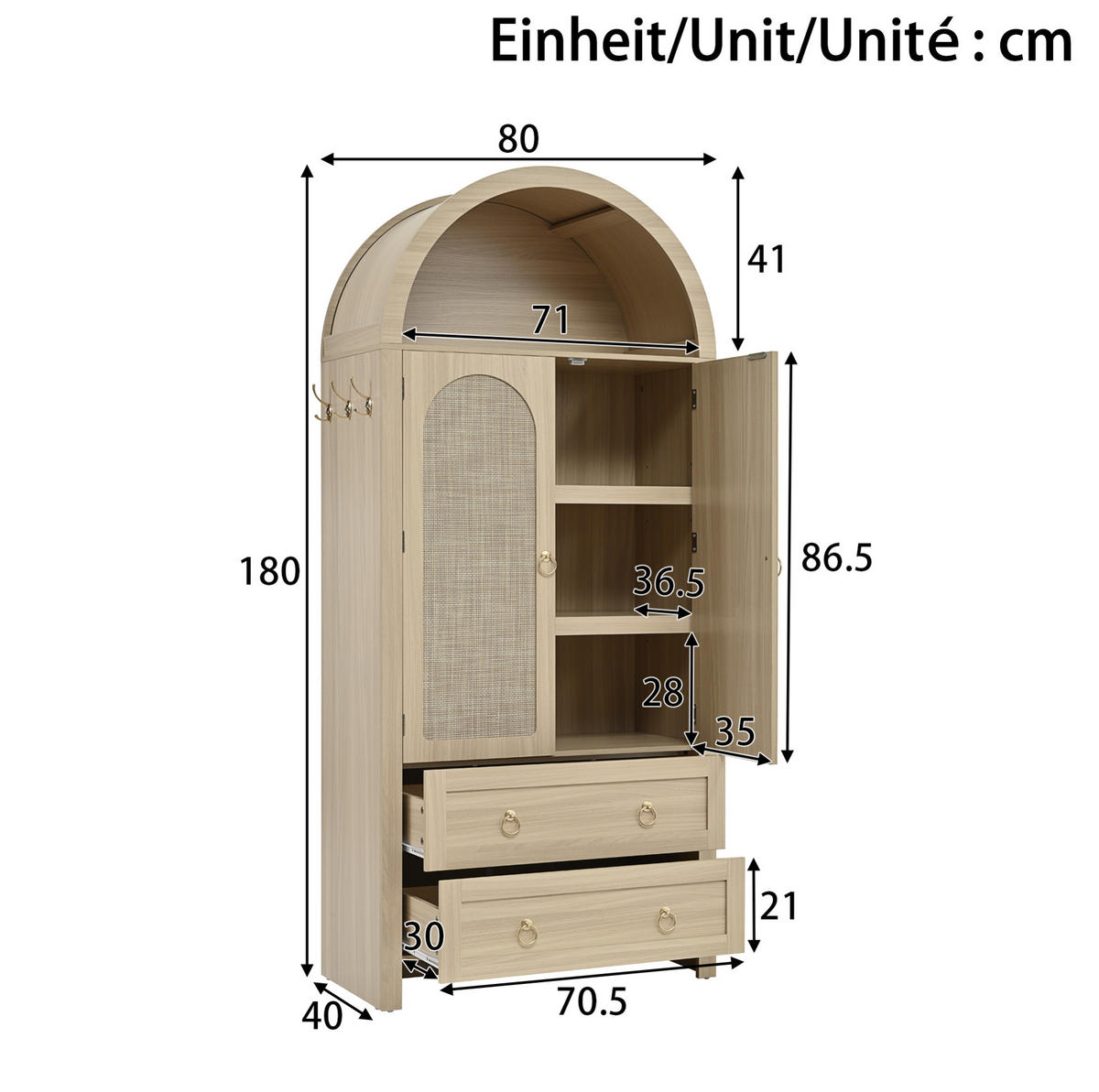 KOMODA z MDF, 80/40/180 cm, dubová farba, s ratanovými dvierkami a zásuvkami - farba duba, kompozitné drevo (80/180/40cm) - BEAOK