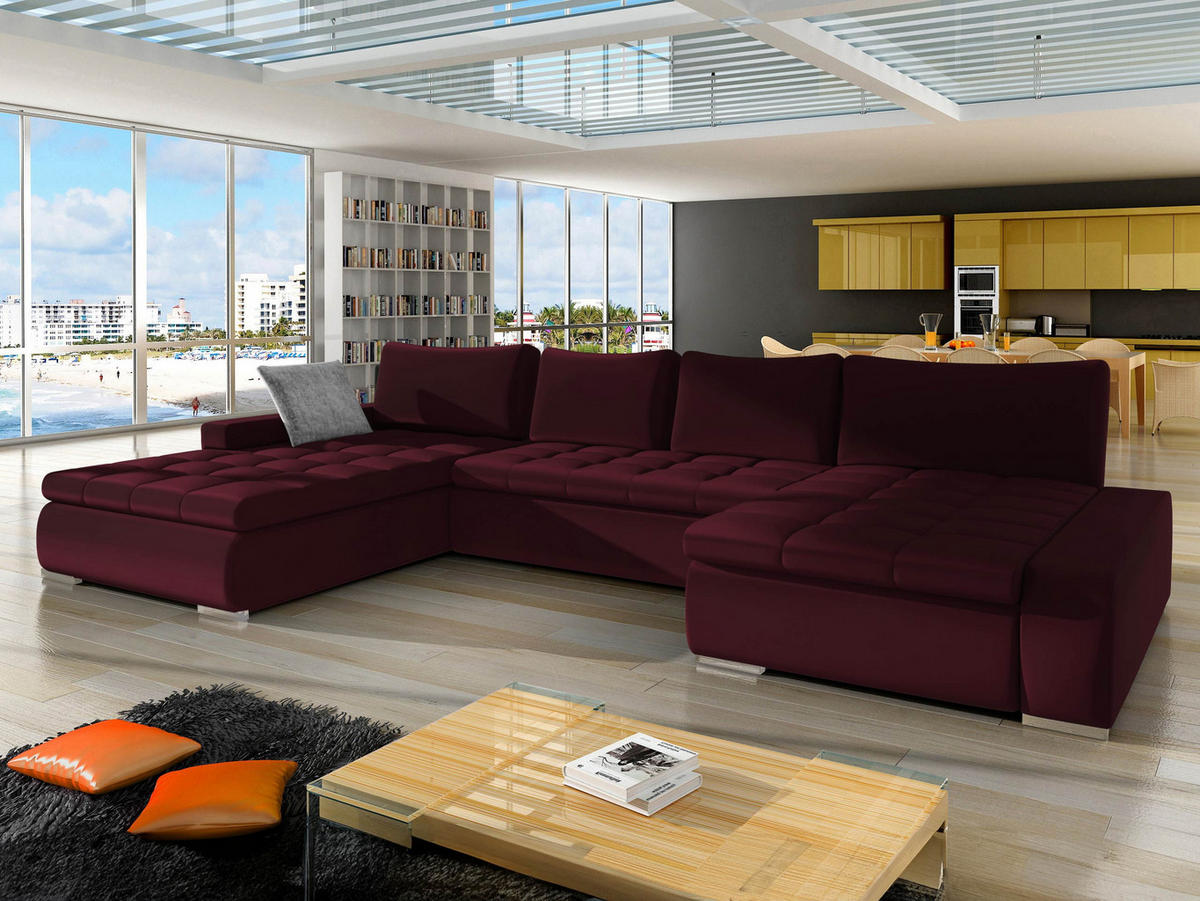 WOHNLANDSCHAFT Caro Premium - Bordeaux/Silberfarben, Holz/Textil (394/80/213cm) - MIRJAN24
