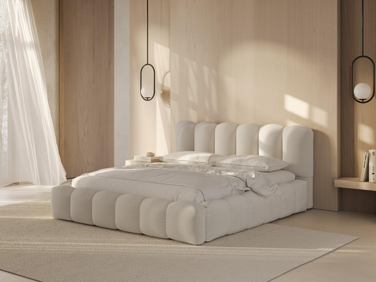 BETT mit Bettkasten und Kopfteil Lupine aus strukturiertem Stoff leichtes beige 140x200cm - Creme, Textil (140/200cm) - Micadoni